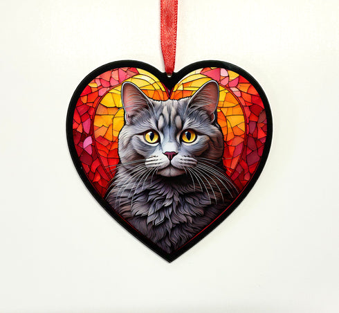 British Shorthair Cat Stained Glass Effect Heart Suncatcher